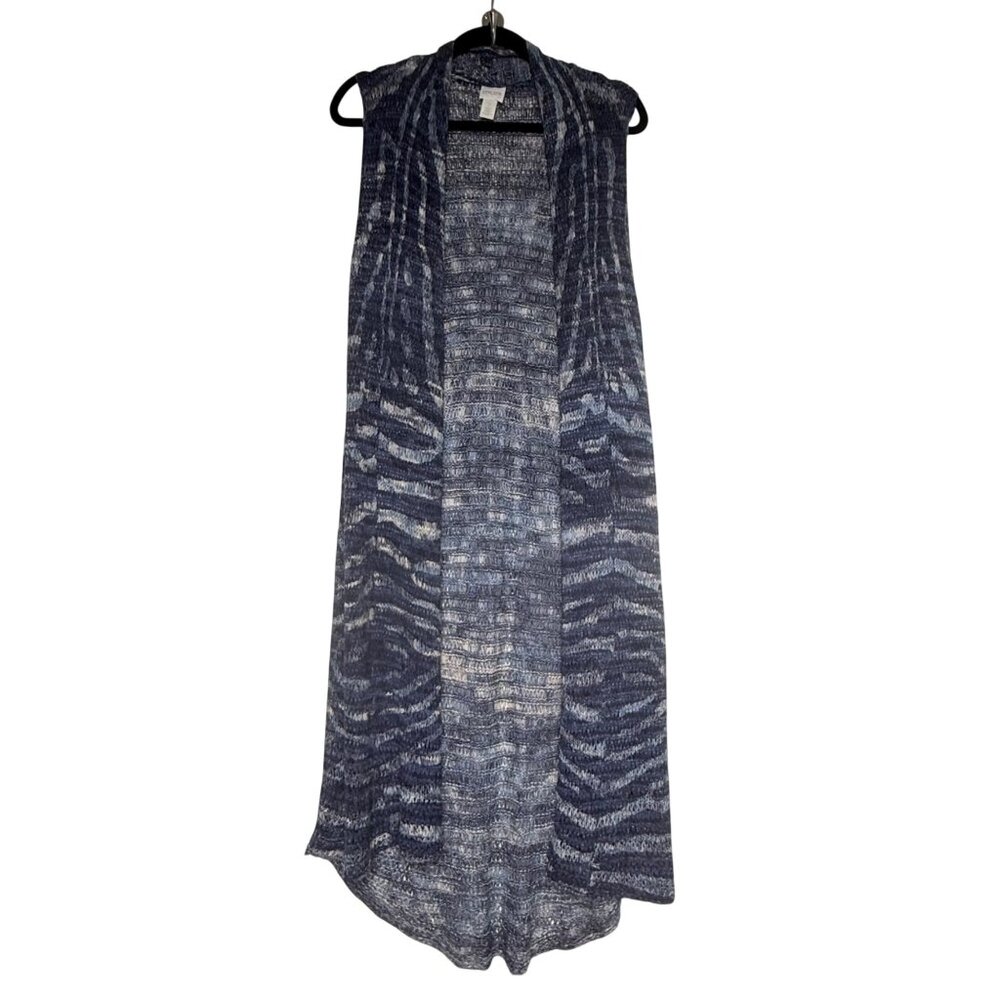 Chicos Blue Knit BOHO Open Front Sleeveless Duster Cardigan Sweater Size 2